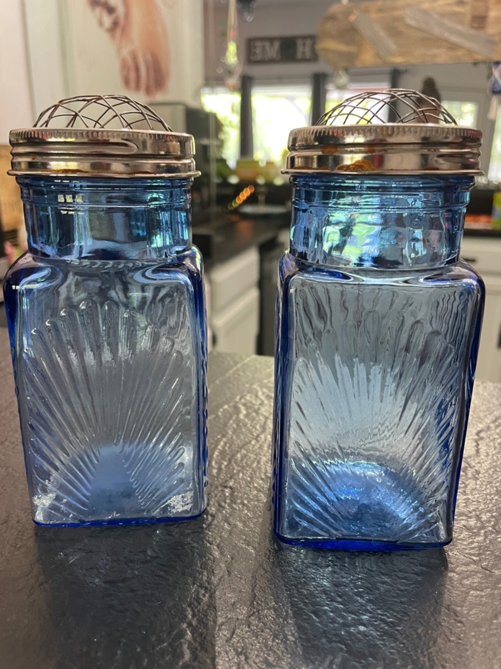 Blue Glass Flower Frog Bud Vases with Silver-Tone Lattice Tops Pretty decor - Picture 2 of 8